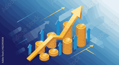 Isometric view of golden coin stacks with an upward trending arrow on a blue gradient background