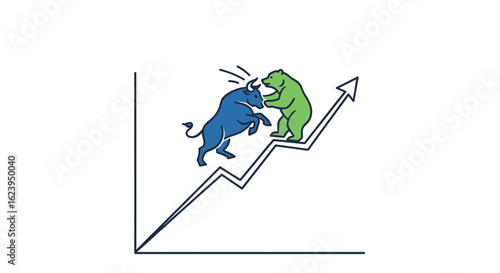 Illustration of a bull and bear fighting on an upward trending stock market graph pointing upwards