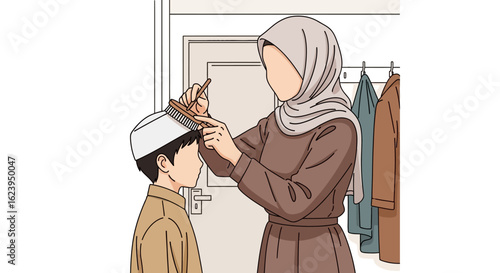 Muslim Mother Helps Son Wear Kufi Cap: Islamic Family Bonding & Cultural Tradition Illustration