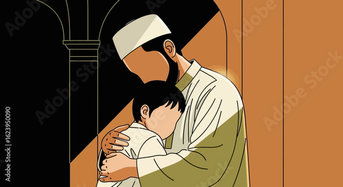 Warm embrace between a man and a boy in traditional attire, symbolizing family, love, and cultural heritage