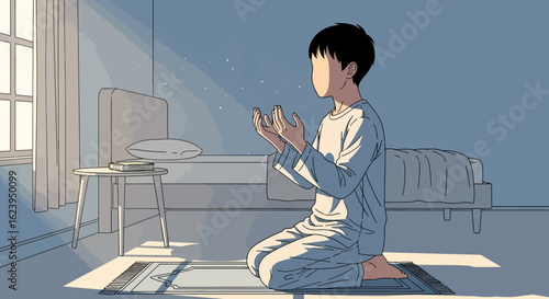 Young person praying on mat in serene room, bathed in sunlight. Spiritual devotion, peaceful reflection, and mindfulness.