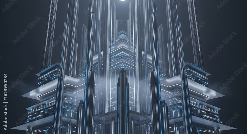 Obraz premium Abstract architectural structure featuring symmetrical, geometric designs with reflective surfaces and a central light source, creating a futuristic and ethereal atmosphere.