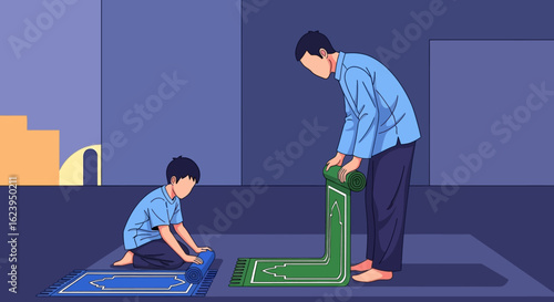 Father and son rolling up prayer mats. Religious tradition and family devotion.
