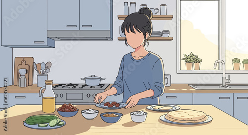 Minimalist illustration of a woman preparing a homemade meal in a modern kitchen, healthy cooking at home