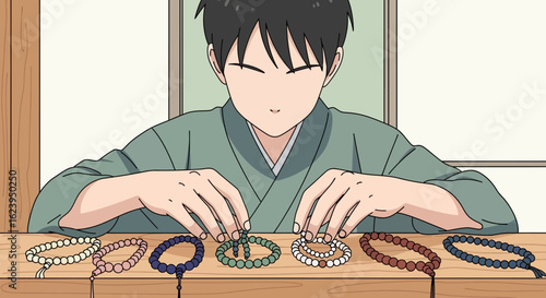 Anime Man in Kimono Arranging Traditional Japanese Prayer Beads