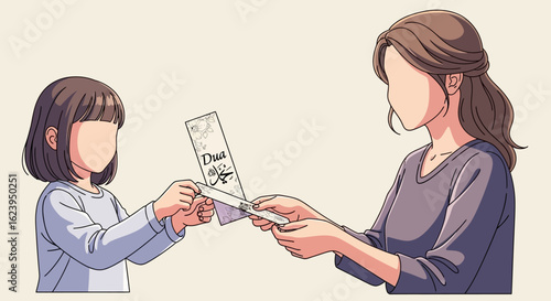 Child giving a thank you card to an adult woman, symbolizing gratitude and appreciation. Faceless illustration of a thoughtful gesture.