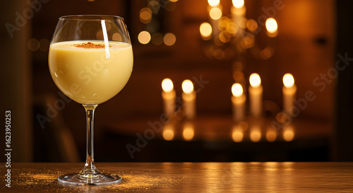A Baroque portrayal of Eggnog in a wine glass in a grand Swiss alpine hut. Textured background (wood) and bokeh lights contribute to a luxurious and cozy mood