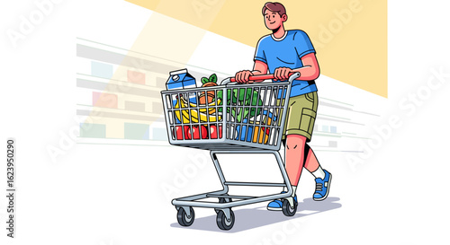 Man pushing a shopping cart full of groceries in a supermarket aisle with produce and dairy items