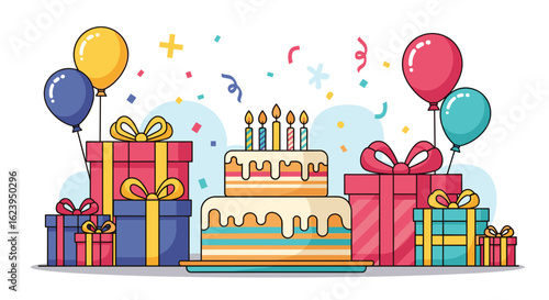 Illustration of a two tiered cake with candles surrounded by gift boxes and balloons on a white background