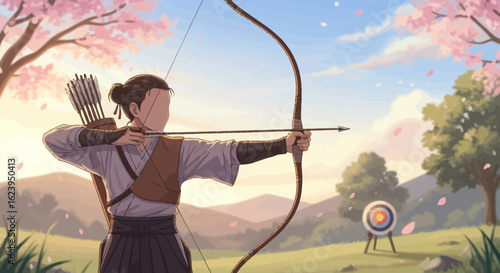 Traditional Archer Practicing with Bow and Arrow Under Cherry Blossoms in Spring Landscape