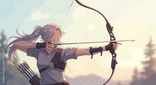 Focused archer aiming a recurve bow with an arrow in a sunlit outdoor landscape, practicing target shooting