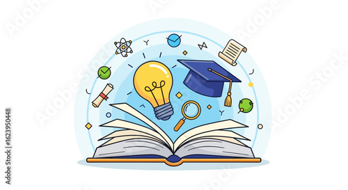 Open book with light bulb graduation cap and scroll floating above it representing education concept art