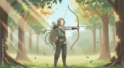Focused Archer with Bow in Sunlit Forest. Fantasy illustration of a person practicing archery in a natural woodland.