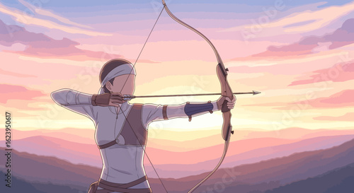 Focused archer aiming bow and arrow at majestic mountain range during vibrant sunset