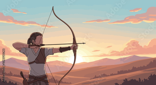 Archer with bow and arrow aiming in a golden hour landscape, illustration of focus and skill