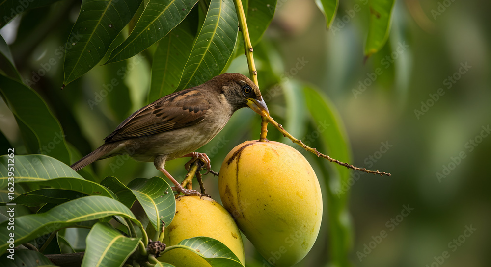 Fototapeta premium A bird pecking at a ripe fruit on a tree