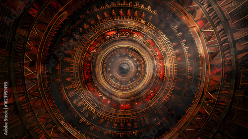 A large, circular, gold and red design with a black center