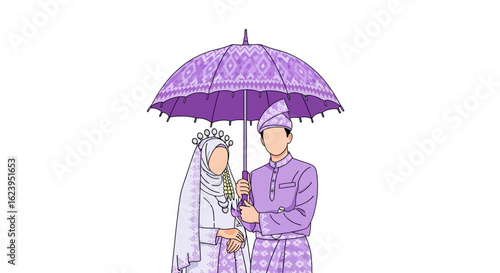 Traditional Southeast Asian Wedding Couple Under Ornate Umbrella Illustration