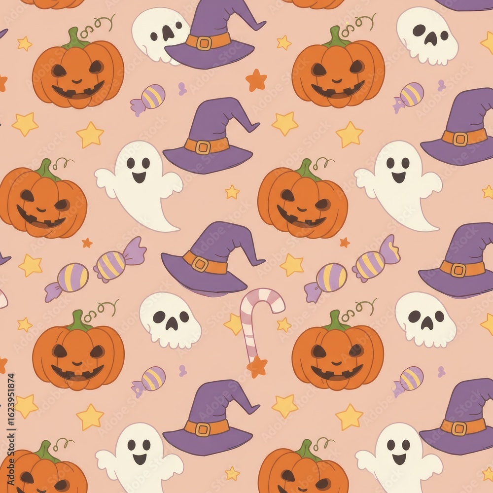 Naklejka premium Cute Halloween seamless pattern with cartoon jack-o'-lanterns, ghosts, skulls, and witch hats. A festive and whimsical holiday background.