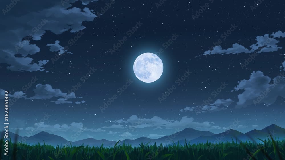 Loop Anime grassy landscape background animation of mountain and starry sky scenery with moon and shooting star