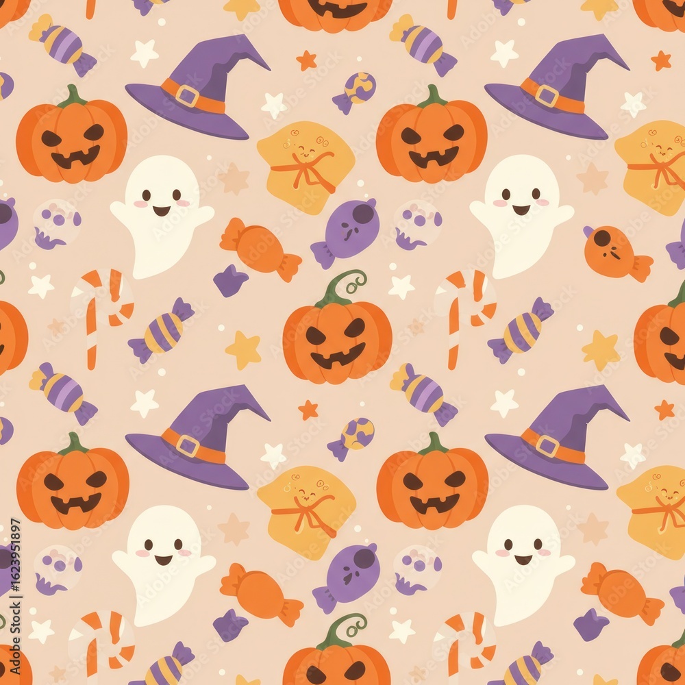 Naklejka premium Cute Halloween seamless pattern with cartoon pumpkins, ghosts, witch hats, and candy. Festive autumn holiday vector background.