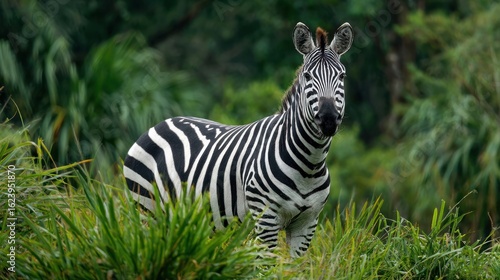 Striking close-up of a zebra with bold black and white stripes amidst lush, green foliage