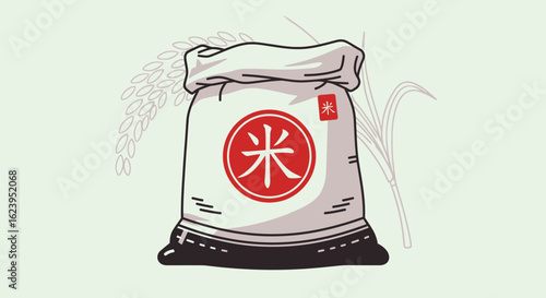 Stylized Rice Bag with Traditional Asian Character and Grain Outlines on Light Green Background