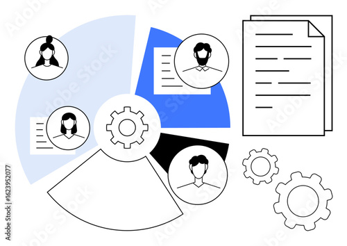 Circular chart with team member profiles, gears, and documents represents collaboration, planning, and process optimization. Ideal for teamwork, strategy, productivity, HR communication
