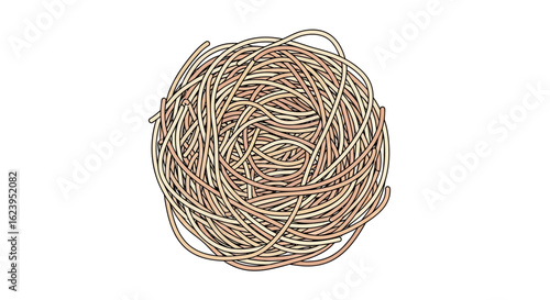 Abstract Tangled Beige Strands Forming a Circular Pattern. Intricate Knot or Nest-like Design Element on White Background.