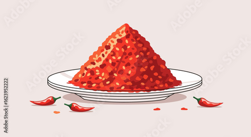 Vibrant Red Chili Flakes Pile on a White Plate with Fresh Peppers, Essential Hot Spice for Cuisine