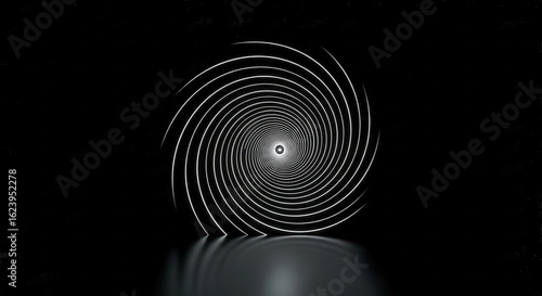 A mesmerizing black and white spiral vortex with a glowing center, reflecting on a dark, glossy surface.