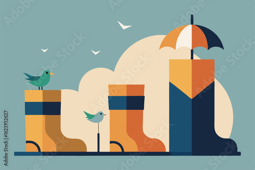 rain boots  umbrella  and birds clipart set in pas (1).eps