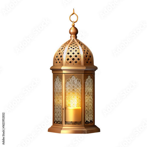 Ornate golden islamic lantern with glowing candle isolated on transparent background