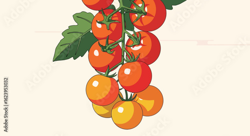 Vibrant Cartoon Illustration of Fresh Tomatoes on the Vine with Green Leaves. Organic Produce Graphic Art.