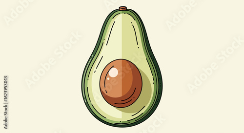 Stylized Half Avocado with Pit Illustration. Healthy Green Fruit Cut in Half on a Light Background.