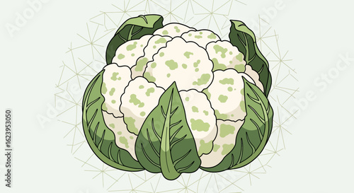 Fresh Cauliflower Vegetable Illustration with Green Leaves and Geometric Background