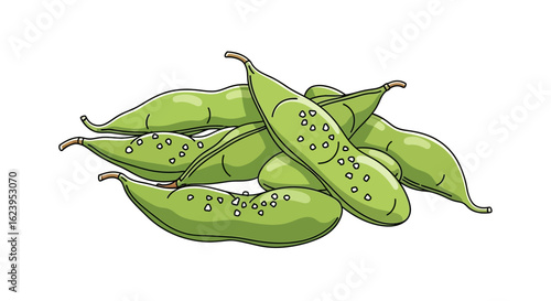 Fresh Green Edamame Pods Illustration. Healthy Plant-Based Snack and Asian Cuisine Ingredient. Food Design Element.