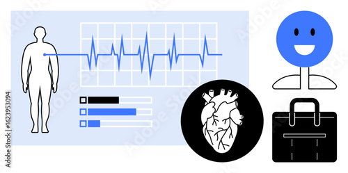 Human figure with heartbeat graph, health metrics chart, heart symbol, smiling face, and briefcase. Ideal for healthcare, wellness, work-life balance, productivity emotions health tracking digital