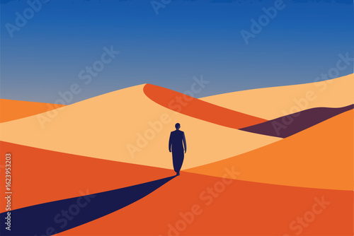 man walking alone in a vast desert with sand dunes (1).eps