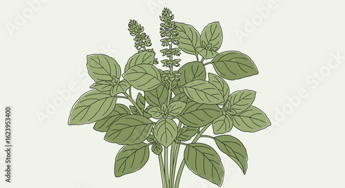 Fresh Basil Plant Illustration with Leaves and Flower Spikes. Culinary Herb for Cooking and Seasoning