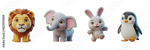 Adorable cartoon lion, elephant, bunny, and penguin characters ready for fun and learning projects