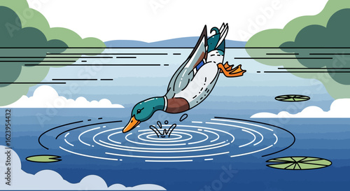 Mallard Duck Diving Headfirst into Water with Ripples and Lily Pads Illustration