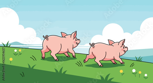 Two cheerful cartoon pigs running freely on a vibrant green grassy hill under a blue sky.