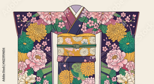 Traditional Japanese Kimono with Colorful Floral Pattern Illustration