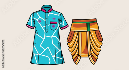 Traditional Indian Kurta and Dhoti Vector Illustration. Ethnic Men's Wear for Cultural Festivals.