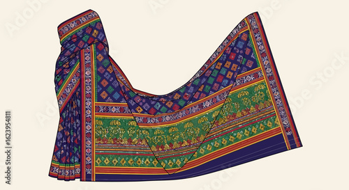 Vibrant Traditional Indian Textile with Intricate Geometric and Floral Patterns on Dark Blue Fabric