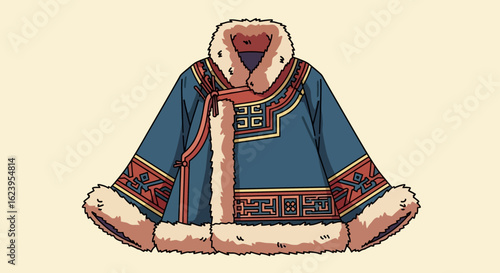 Vibrant Mongolian Deel Winter Coat with Fur Trim and Traditional Ornament Illustration