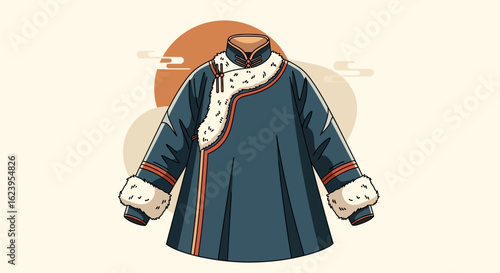 Traditional Mongolian Deel Coat with Fur Trim Illustration