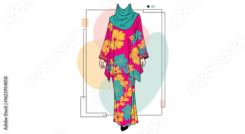 Vibrant Floral Modest Fashion Design Illustration with Headscarf