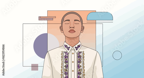 Peaceful Filipino Man in Traditional Barong Tagalog with Abstract Geometric Background